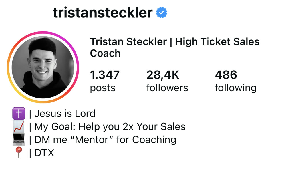 Tristan Steckler, High Ticket Sales Coach, su Instagram